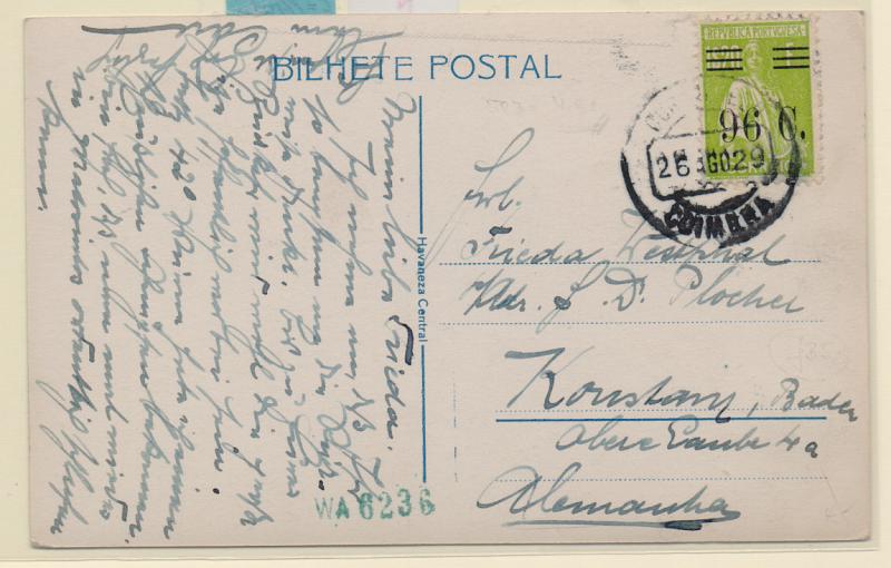 1285.jpg -     Lote:    1285            Portugal       Descrição:         1928/29 &mdash; Ceres, com sobretaxa. Postal ilustrado circulado de Coimbra (26.08.29) para a Alemanha com selo de 96C s/ 1$20 CE480.         PI       Valor Base:     &euro; 60,00     Valor Venda:     Retirado     