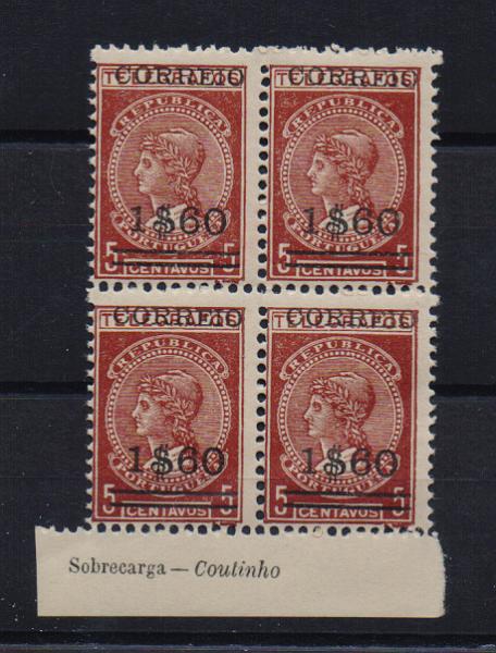 1289.jpg -     Lote:    1289            Portugal       Descrição:         1929 &mdash; Imposto Telegráfico, com sobretaxa. CE494, 1$60 s/ 5C. Quadra, bordo de folha inferior, em papel cartolina, com inscrições marginais "Sobrecarga &mdash; Coutinho". Valor de catálogo &euro; 240,00.         ***       Valor Base:     &euro; 50,00     Valor Venda:     &euro; 60,00       