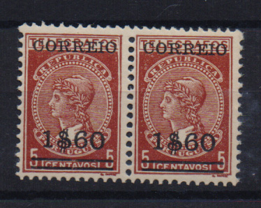 1292.jpg -     Lote:    1292            Portugal       Descrição:         1929 &mdash; Imposto Telegráfico, com sobretaxa. CE494, 1$60 s/ 5C castanho-vermelho. Par horizontal, em papel cartolina. Valor de catálogo &euro; 120,00.         ***       Valor Base:     &euro; 12,00     Valor Venda:     Retirado     