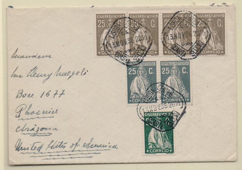 1293.jpg -     Lote:    1293            Portugal       Descrição:         1926/30 &mdash; Ceres. Emissão Londres + Ceres. Sobrescrito circulado de Lisboa (13.11.36) para os EUA com dois selos de 25c CE404 + selo de 25c CE501 e 4 selos de 25c CE500, todos usados como selos de recurso em 2.º período de circulação. .        Carta       Valor Base:     &euro; 30,00     Valor Venda:     &euro; 38,00       