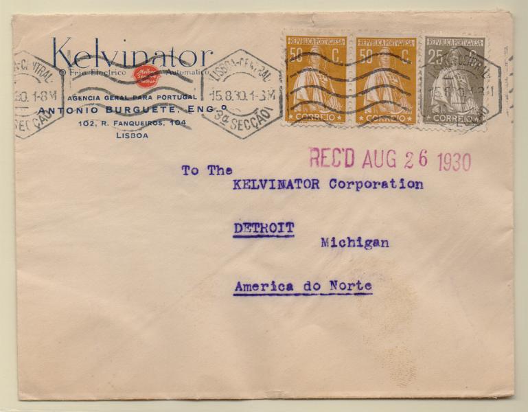 1294.jpg -     Lote:    1294            Portugal       Descrição:         1930 &mdash; Ceres. Sobrescrito circulado de Lisboa (15.08.30) para os EUA com selos de 25c CE500 e par de 50c CE504. MB.         Carta       Valor Base:     &euro; 15,00     Valor Venda:     Retirado     