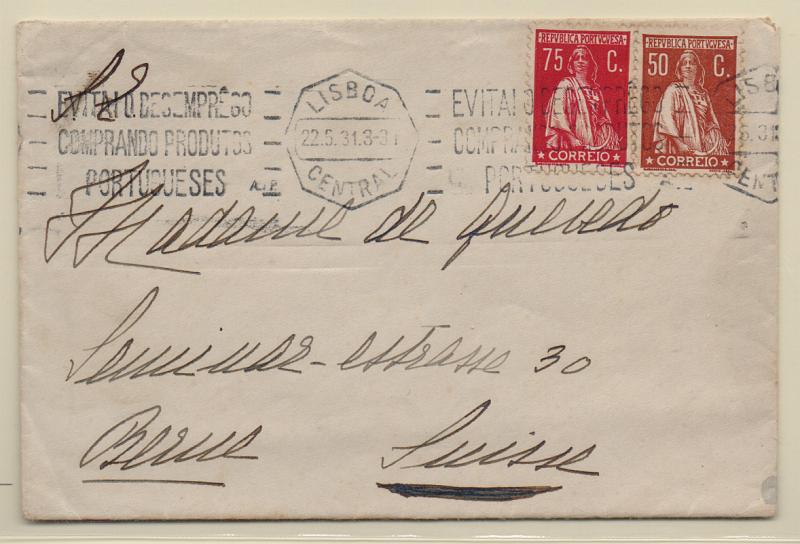 1295.jpg -     Lote:    1295            Portugal       Descrição:         1930 &mdash; Ceres. Sobrescrito circulado de Lisboa (22.05.31) para a Suiça com selos de 50c e 75c CE505/506.         Carta       Valor Base:     &euro; 15,00     Valor Venda:     Retirado     