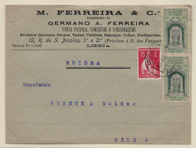1296.jpg -     Lote:    1296            Portugal       Descrição:         1926/30 &mdash; Ceres + 7.º Centenário da morte de S. António. Sobrescrito circulado Lisboa (27.06.33) para a Suíça, com selo de 75 C CE506 + par de 25C CE532.         Carta       Valor Base:     &euro; 20,00     Valor Venda:     &euro; 32,00       