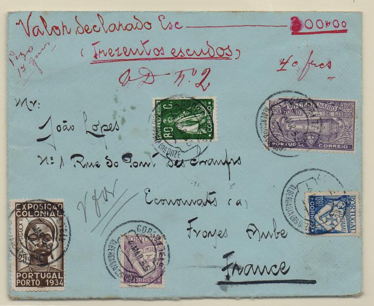 1298.jpg -     Lote:    1298            Portugal       Descrição:         1930/35 &mdash; Ceres + Lusíadas + Centenário da Morte de S. António + Exposição Colonial. Valor declarado no valor de 300$00 circulado de Albergaria dos Doze (04.03.35) para França, com selos de 80C CE507, 10C e 1$60 CE518 e 546 + 4$50 CE536 e 25C CE561.         Carta       Valor Base:     &euro; 50,00     Valor Venda:     &euro; 80,00       