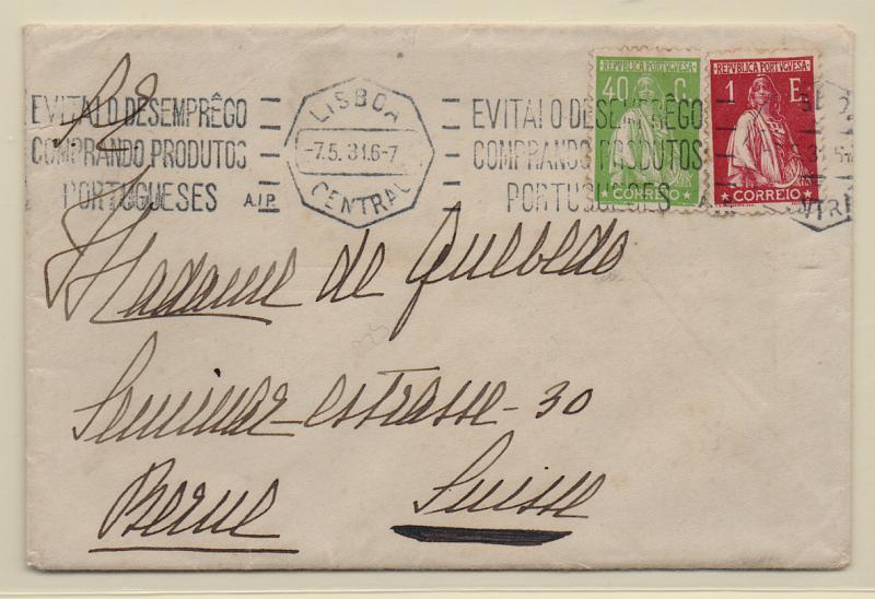 1299.jpg -     Lote:    1299            Portugal       Descrição:         1930 &mdash; Ceres. Sobrescrito circulado de Lisboa (07.05.31) para a Suiça com selos de 40c e 1E CE503 e 508.         Carta       Valor Base:     &euro; 12,00     Valor Venda:     Retirado     