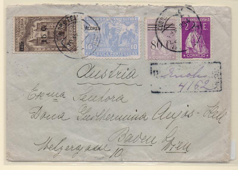 1304.jpg -     Lote:    1304            Portugal       Descrição:         1928/33 &mdash; Ceres, com sobretaxa + Ceres + Centenário da Morte de S. António, com sobretaxa + Padrões da Grande Guerra com sobrecarga "Açores". Sobrescrito circulado registado de Lisboa (19.03.34) para a Áustria, com selos de 2E CE511, 80C s/ 1$50 CE483, 15 s/ 40c CE554 e CE P11.         Carta       Valor Base:     &euro; 50,00     Valor Venda:     &euro; 60,00       