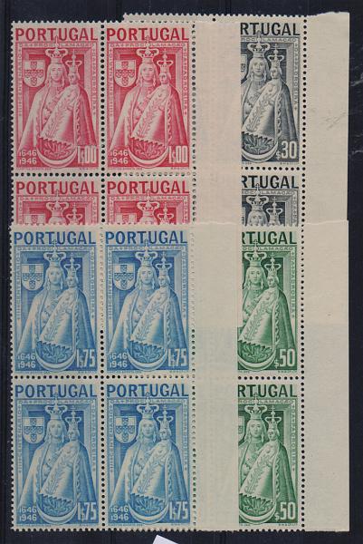 1327.jpg -     Lote:    1327            Portugal       Descrição:         1946 &mdash; 3.º Centenário da Proclamação da padroeira de Portugal. CE673/76. Série completa em quadras, bordo de folha. Valor de catálogo &euro; 71,40.         ***       Valor Base:     &euro; 15,00     Valor Venda:     Retirado     