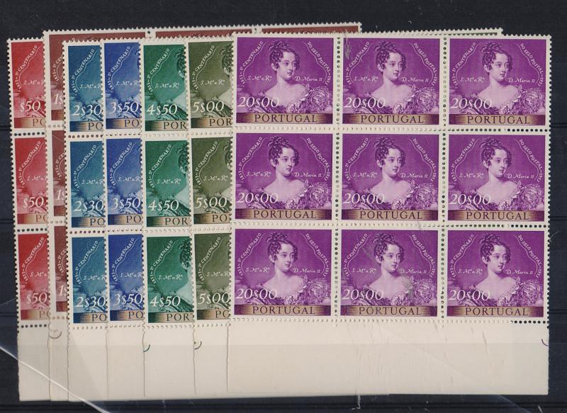 1337.jpg -     Lote:    1337            Portugal       Descrição:         1953 &mdash; Centenário do Selo Postal Português. CE786/793. Série completa em blocos de 9 selos (3x3), bordo inferior de folha. Valor de catálogo &euro; 1.790,00. R.         ***       Valor Base:     &euro; 200,00     Valor Venda:     Retirado     