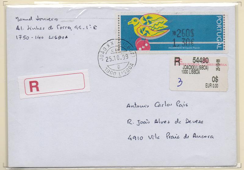 1365.jpg -     Lote:    1365            Portugal       Descrição:         1990 &mdash; Passarinho. Lote de dois sobrescritos circulados com etiquetas ETQ 12 B de 260$/1,30&euro; (registada) e etiqueta ETQ 12C de 261$00.         Carta       Valor Base:     &euro; 10,00     Valor Venda:     Retirado     