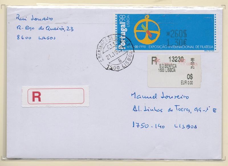 1367.jpg -     Lote:    1367            Portugal       Descrição:         1997 &mdash; Portugal'98. CE ETQ14B (Dupla taxação). Lote com dois sobrescritos circulados com etiquetas de 260$/1,30&euro; (registada) + Correio Azul de 99$/0,49&euro;.         Carta       Valor Base:     &euro; 10,00     Valor Venda:     Retirado     