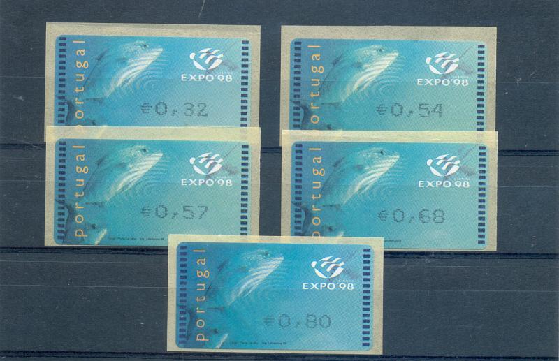 1369.jpg -     Lote:    1369            Portugal       Descrição:         1998 &mdash; Expo'98 &mdash; 5 valores só com taxas em Euro ( 0,32; 0,54; 0,57; 0,68; 0,80) correspondentes às tarifas oficiais em vigor em 2009. Não catalogado.         ETQ       Valor Base:     &euro; 50,00     Valor Venda:     Retirado     
