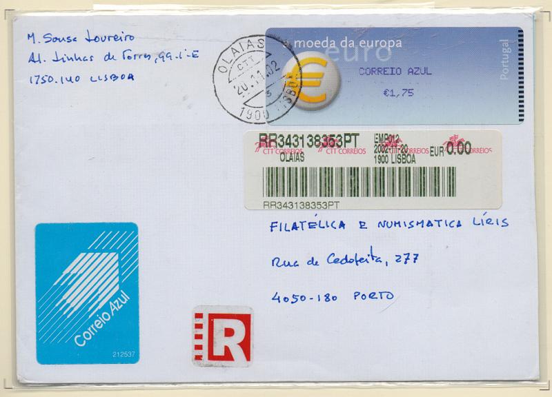 1371.jpg -     Lote:    1371            Portugal       Descrição:         2002 &mdash; Símbolo do Euro. CE ETQ24 (CROUZET). Sobrescrito circulado registado de Lisboa (20.11.02) para o Porto com etiqueta do Correio Azul de &euro;1,75.         Carta       Valor Base:     &euro; 8,00     Valor Venda:     Retirado     