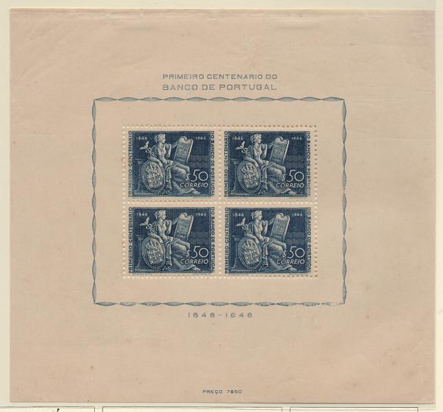 1409.jpg -     Lote:    1409            Portugal       Descrição:         1946 &mdash; Centenário do Banco de Portugal. CE BLC11. Valor de catálogo &euro; 155,00.         BLC**       Valor Base:     &euro; 16,00     Valor Venda:     &euro; 16,00       