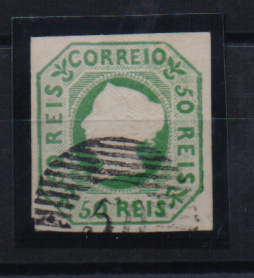 1432.jpg -     Lote:    1432            Açores       Descrição:         1853 &mdash; D. Maria I. Precursores. 50 reis verde azul, com margens normais, obliterado com carimbo numérico da 1.ª reforma de 20 barras "50 &mdash; PONTA DELGADA", batido a preto. Valor de catálogo &euro; 3.700,00.         O       Valor Base:     &euro; 300,00     Valor Venda:     Retirado     
