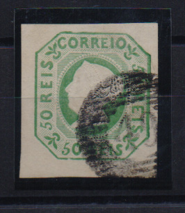 1434.jpg -     Lote:    1434            Açores       Descrição:         1853 &mdash; D. Maria II. Precursores dos Açores. CE3, 50 reis verde, com margens muito largas, exemplar muito bonito, obliterado com carimbo numérico da 1.ª reforma de 20 barras "49 &mdash; HORTA". Valor de catálogo &euro; 2.250,00.         O       Valor Base:     &euro; 250,00     Valor Venda:     Retirado     