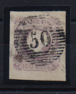 1435.jpg -     Lote:    1435            Açores       Descrição:         1853 &mdash; D. Maria II. Precursores dos Açores. CE4, 100 reis lilás, com margens muito largas, fundo de folha, exemplar muito bonito, obliterado com carimbo numérico da 1.ª reforma de 20 barras "50 &mdash; PONTA DELGADA". Valor de catálogo &euro; 5.100,00.         O       Valor Base:     &euro; 500,00     Valor Venda:     &euro; 500,00       