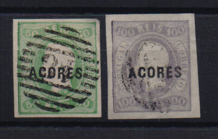 1436.jpg -     Lote:    1436            Açores       Descrição:         1868 &mdash; D. Luís I. Fita curva, não denteados, com sobrecarga AÇORES. CE4 e 6, 50 e 100 reis. Selo de 50 reis com margens curtas. Valor de catálogo &euro; 465,00.         O       Valor Base:     &euro; 30,00     Valor Venda:     Retirado     