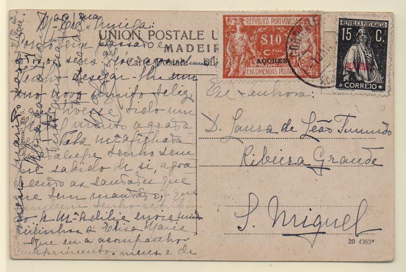 1440.jpg -     Lote:    1440            Açores       Descrição:         192&frac12;4 &mdash; Ceres + Encomendas Postais (Comércio e Indústria). Selos do Continente com sobrecarga Açores. Postal ilustrado circulado de S. C? (01.01.34) para S. Miguel, com selo Ceres de 15C CE193 e selo de recurso das encomendas postais CE EP4. Raro.         PI       Valor Base:     &euro; 25,00     Valor Venda:     &euro; 32,00       
