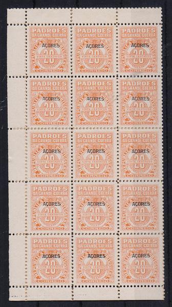 1446.jpg -     Lote:    1446            Açores       Descrição:         1925 &mdash; Padrões da Grande Guerra. Imposto Postal / Porteado. Selos do Continente com sobrecarga AÇORES. CE IPP1, 20C laranja. Bloco de 30 selos. Valor de catálogo &euro; 48,00.         ***       Valor Base:     &euro; 6,00     Valor Venda:     Retirado     