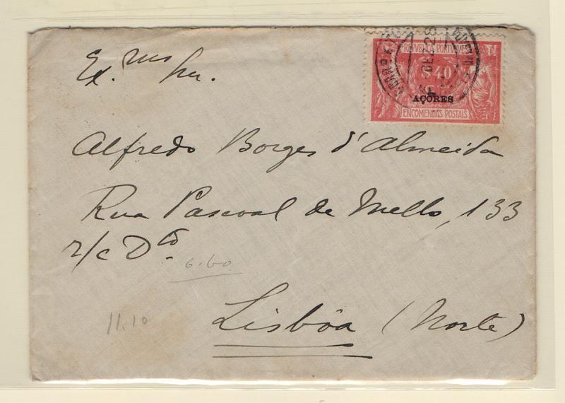 1448.jpg -     Lote:    1448            Açores       Descrição:         192&frac12;3 &mdash; Encomendas Postais. Comércio e Indústria. Selos do Continente com sobrecarga "AÇORES". Selos de recurso. Sobrescrito circulado de Ponta Delgada (06.12.28) para Lisboa (13.12.28) com selo de $40 CE EP6. Selo das encomendas postais utilizado com selo de recurso do correio ordinário.         Carta       Valor Base:     &euro; 20,00     Valor Venda:     Retirado     