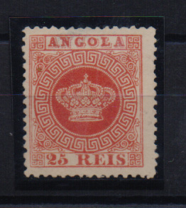 1455.jpg -     Lote:    1455            Angola       Descrição:         1870/77 &mdash; Tipo Coroa. CE4, 25 reis vermelho, denteado 12 &frac12;, PAPEL ESPESSO. Selo com pequena transparência no bordo superior. Valor de catálogo &euro; 113,00.         **       Valor Base:     &euro; 20,00     Valor Venda:     &euro; 36,00       