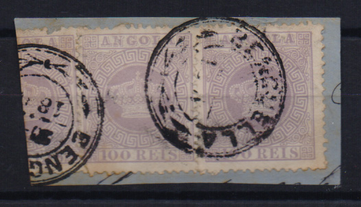 1458.jpg -     Lote:    1458            Angola       Descrição:         1870/76 &mdash; Tipo Coroa. CE7, 100 reis violeta, denteado 12 &frac12;, PAPEL ESPESSO. Fragmento com três selos um deles cortado ao meio a tesoura.         FRG       Valor Base:     &euro; 25,00     Valor Venda:     &euro; 34,00       