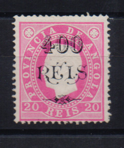 1464.jpg -     Lote:    1464            Angola       Descrição:         1902 &mdash; D. Luís I, fita direita, com sobretaxa. CE60, 400 s/ 20 reis carmim, papel porcelana, denteado 13 &frac12;. Valor de catálogo &euro; 275,00. MB.         **       Valor Base:     &euro; 60,00     Valor Venda:     &euro; 190,00       
