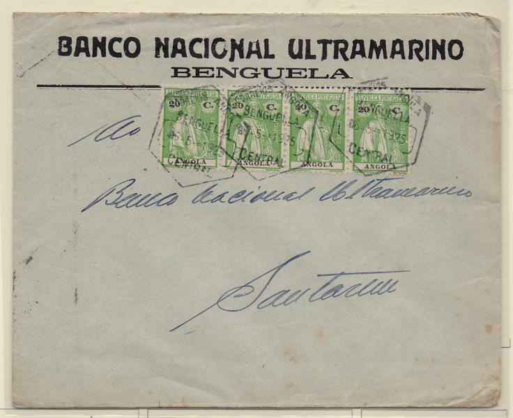 1470.jpg -     Lote:    1470            Angola       Descrição:         1914 &mdash; Ceres. Sobrescrito circulado de Benguela (06.05.25) para Santarém com tira de 4 selos de 20C CE153.         Carta       Valor Base:     &euro; 10,00     Valor Venda:     &euro; 10,00       