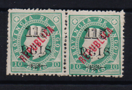 1472.jpg -     Lote:    1472            Angola       Descrição:         1914 &mdash; D. Luís I, fita direita. Selos de 1902, com sobrecarga REPUBLICA local. CE167, 115 s/ 10 reis verde, denteado 12 &frac12;. Valor de catálogo &euro; 38,00.         *       Valor Base:     &euro; 10,00     Valor Venda:     &euro; 10,00       