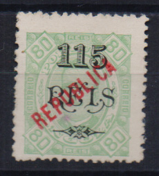 1473.jpg -     Lote:    1473            Angola       Descrição:         1914 &mdash; D. Carlos I tipo Diogo Neto. Selos de 1903 com sobrecarga REPUBLICA local. CE170, 115 s/ 80 reis verde, denteado 12 &frac12;. Valor de catálogo &euro; 250,00.         *       Valor Base:     &euro; 50,00     Valor Venda:     Retirado     