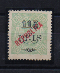 1474.jpg -     Lote:    1474            Angola       Descrição:         1914 &mdash; D. Carlos I tipo Diogo Neto, com sobretaxa e sobrecarga REPUBLICA tipografada localmente. CE170, 115 s/ 80 reis verde, denteado 12 &frac12;. Valor de catálogo &euro; 250,00.         *       Valor Base:     &euro; 50,00     Valor Venda:     &euro; 110,00       