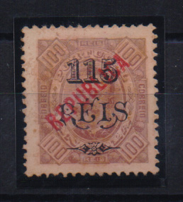 1475.jpg -     Lote:    1475            Angola       Descrição:         1914 &mdash; D. Carlos I tipo Diogo Neto, com sobretaxa e sobrecarga REPUBLICA tipografada localmente. CE171, 115 s/ 100 reis castanho s/ amarelo, denteado 12 &frac12;. Valor de catálogo &euro; 265,00.         *       Valor Base:     &euro; 75,00     Valor Venda:     Retirado     