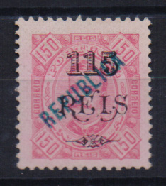 1478.jpg -     Lote:    1478            Angola       Descrição:         1914 &mdash; D. Carlos I tipo Diogo Neto. Selos de 1903 com sobrecarga REPUBLICA local. CE172, 115 s/ 150 reis carmim, denteado 11 &frac12;. Valor de catálogo &euro; 275,00.         *       Valor Base:     &euro; 60,00     Valor Venda:     &euro; 100,00       