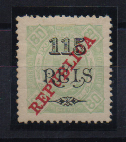 1480.jpg -     Lote:    1480            Angola       Descrição:         1915 &mdash; D. Carlos I. Selos de 1902 com sobrecarga REPUBLICA da Casa da Moeda. CE182, 115 s/ 80 reis verde-claro. IMPRESSO NO VERSO DO PAPEL PORCELANA. Valor de catálogo &euro; 175,00. B e MR. .         *       Valor Base:     &euro; 60,00     Valor Venda:     &euro; 140,00       