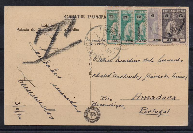 1483.jpg -     Lote:    1483            Angola       Descrição:         1914/26 &mdash; Ceres. Postal ilustrado circulado de Luanda para a Amadora (22.10.30) com selos de 8c, 6c e 3x12c CE150, 203 e 213. Aplicada a marca "T" a lápis. Devendo o postal ser porteado pela sobreposição dos selos (proibido pelo regulamento) não apresenta vestígios de que tal sido praticado. B e R.         PI       Valor Base:     &euro; 20,00     Valor Venda:     &euro; 28,00       