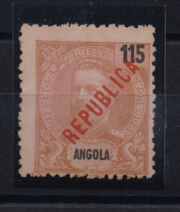 1485.jpg -     Lote:    1485            Angola       Descrição:         1914 &mdash; D. Carlos I, com sobrecarga REPUBLICA local. NÃO EMITIDOS. CE NE1, 115 reis laranja s/ rosa. Valor de catálogo &euro; 180,00.         *       Valor Base:     &euro; 50,00     Valor Venda:     Retirado     