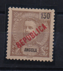 1486.jpg -     Lote:    1486            Angola       Descrição:         1914 &mdash; D. Carlos I, com sobrecarga REPUBLICA local. NÃO EMITIDOS. CE NE2, 130 castanho s/ amarelo. Selo bem centrado e com boa cor. Valor de catálogo &euro; 400,00.         *       Valor Base:     &euro; 100,00     Valor Venda:     &euro; 200,00       