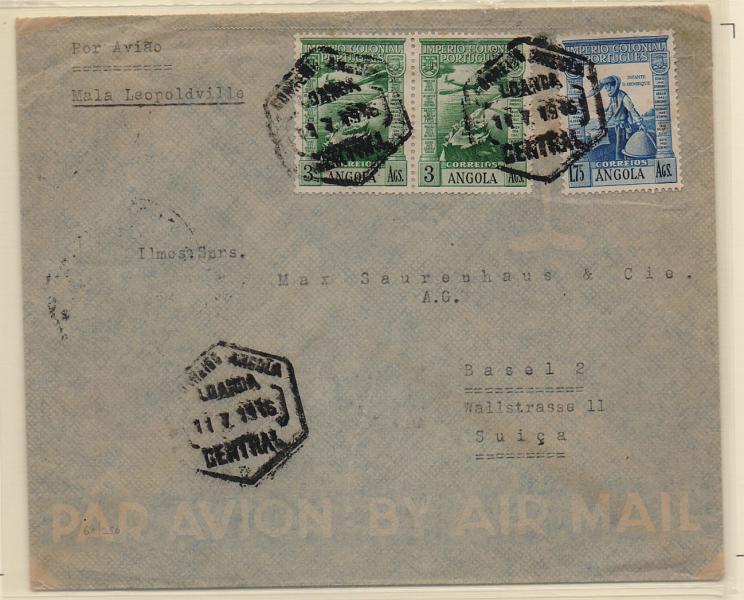 1488.jpg -     Lote:    1488            Angola       Descrição:         1938 &mdash; Império Colonial de Angola + idem, Correio Aéreo. Sobrescrito circulado por via aérea pela Mala de Leopoldville de Luanda (11.07.49) para a Suíca com trânsito por leopoldville (12.07.49) com selo de 1&75 CE271 (1.º porte do correio ordinário para o estrangeiro) + par de 3$00 CE CA6 (sobretaxa do correio aéreo).         Carta       Valor Base:     &euro; 25,00     Valor Venda:     Retirado     