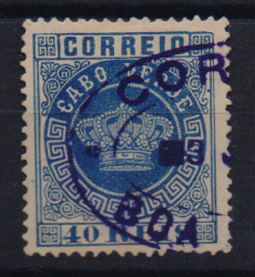 1492.jpg -     Lote:    1492            Cabo Verde       Descrição:         1877 &mdash; Tipo Coroa. CE5, 40 reis azul, denteado 13 &frac12;, obliterado com carimbo batido a violeta "CORREIO / BOA VISTA". Valor de catálogo &euro; 82,00.         O       Valor Base:     &euro; 20,00     Valor Venda:     &euro; 34,00       