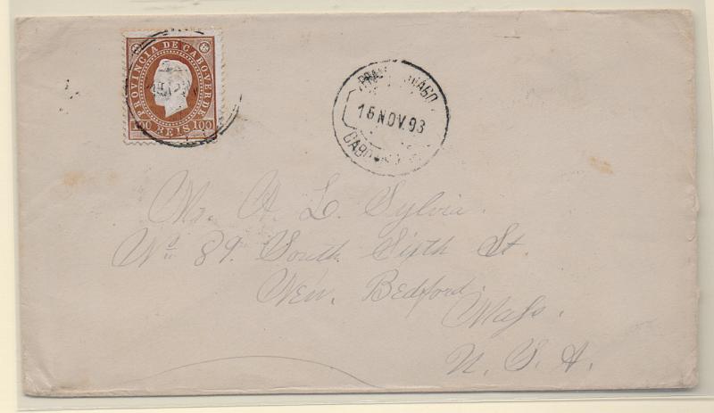 1493.jpg -     Lote:    1493            Cabo Verde       Descrição:         1885 &mdash; D. Luís I, fita direita. Sobrescrito circulado de Praia / S. Thiago (16.11.93) para os EUA (10.12.93) com trânsito por Lisboa (27.11.93) com selo de 100 reis castanho CE21. B.         Carta       Valor Base:     &euro; 110,00     Valor Venda:     &euro; 110,00       