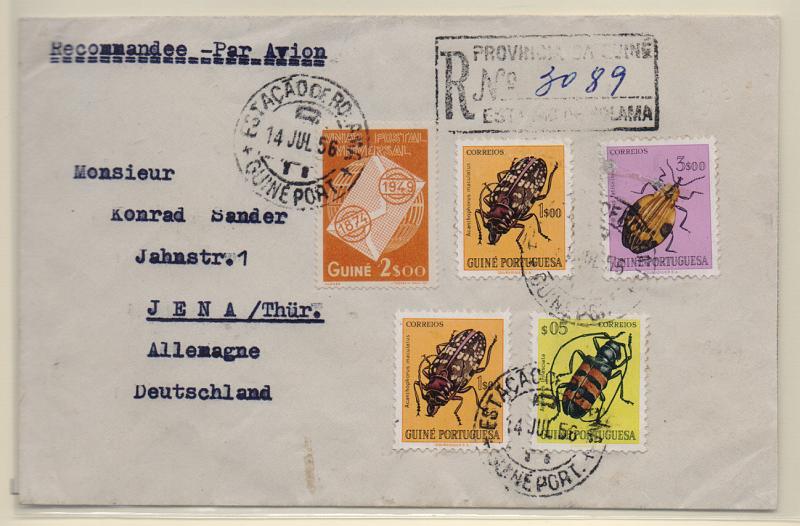 1504.jpg -     Lote:    1504            Guiné       Descrição:         1949/53 &mdash; 75.º Aniversário da UPU + Insectos da Guiné. Sobrescrito circulado registado de Bolama (14.07.56) para a Alemanha com selos de $05, 2x1$00 + quadra de 1$00, 3$00 e 2$00, CE262, 270, 275 e 277.         Carta       Valor Base:     &euro; 30,00     Valor Venda:     Retirado     