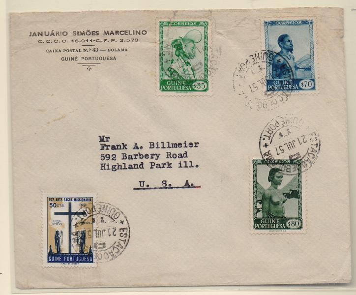 1505.jpg -     Lote:    1505            Guiné       Descrição:         1948853 &mdash; Motivos da Guiné + Exposição de Arte Sacra Missionária. Sobrescrito circulado de Bolama (21.07.57) para os EUA com selos de $35, $70, $80 e $50 CE251, 253/54 e 268. MB.         Carta       Valor Base:     &euro; 28,00     Valor Venda:     Retirado     