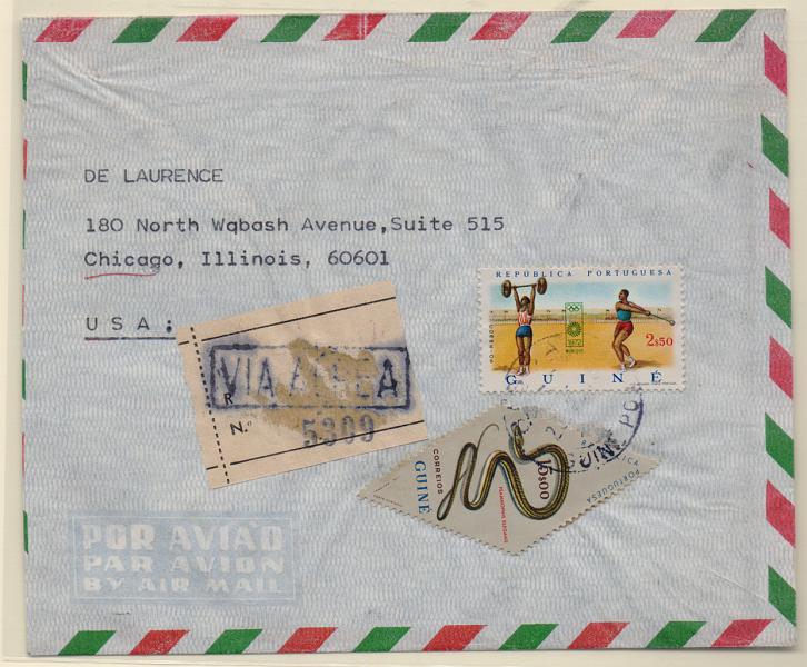 1506.jpg -     Lote:    1506            Guiné       Descrição:         1963/72 &mdash; Cobras + Jogos Olímpicos de Munique. Sobrescrito circulado registado por via aérea de Bissau para os EUA (01.06.73) com selos 15$00 CE306 e 2$50 CE332. MB.         Carta       Valor Base:     &euro; 48,00     Valor Venda:     Retirado     