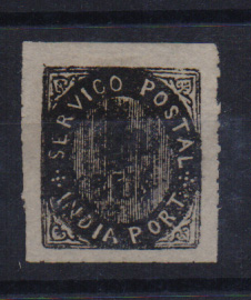 1509.jpg -     Lote:    1509            Índia       Descrição:         1871 &mdash; Nativos. Tipo II. CE8, 10 reis preto. Valor de catálogo &euro; 500,00.         *       Valor Base:     &euro; 70,00     Valor Venda:     &euro; 80,00       