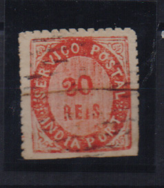1510.jpg -     Lote:    1510            Índia       Descrição:         1871 &mdash; Nativos. Tipo II. CE9, 20 reis vermelho, em papel avergoado. Selo cortado á tesoura. Valor de catálogo &euro; 60,00.         O       Valor Base:     &euro; 12,00     Valor Venda:     Retirado     