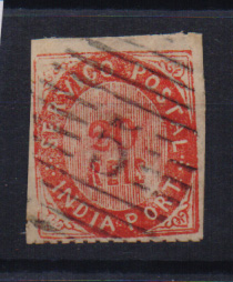 1511.jpg -     Lote:    1511            Índia       Descrição:         1871 &mdash; Nativos. Tipo II. CE9, 20 reis vermelho, em papel espesso. Selo cortado á tesoura. Valor de catálogo &euro; 175,00.         O       Valor Base:     &euro; 25,00     Valor Venda:     Retirado     