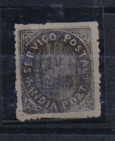 1518.jpg -     Lote:    1518            Índia       Descrição:         1876 &mdash; Nativos. Tipo IIB. CE26 10 reis preto. Selo com dupla impressão da moldura (uma delas com menor tintagem). Valor de catálogo &euro; 1,000,00.         **       Valor Base:     &euro; 80,00     Valor Venda:     &euro; 120,00       