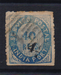 1520.jpg -     Lote:    1520            Índia       Descrição:         1871 &mdash; Nativos. Tipo II. CE123, 4 &frac12; s/ 40 reis azul, em papel espesso. Valor de catálogo &euro; 65,00.         O       Valor Base:     &euro; 12,00     Valor Venda:     &euro; 14,00       