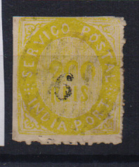 1521.jpg -     Lote:    1521            Índia       Descrição:         1883 &mdash; Nativos. Com sobretaxa em moeda local. CE126, 6 s/ 200 reis amarelo, em papel espesso. Valor de catálogo &euro; 935,00.         O       Valor Base:     &euro; 150,00     Valor Venda:     &euro; 160,00       