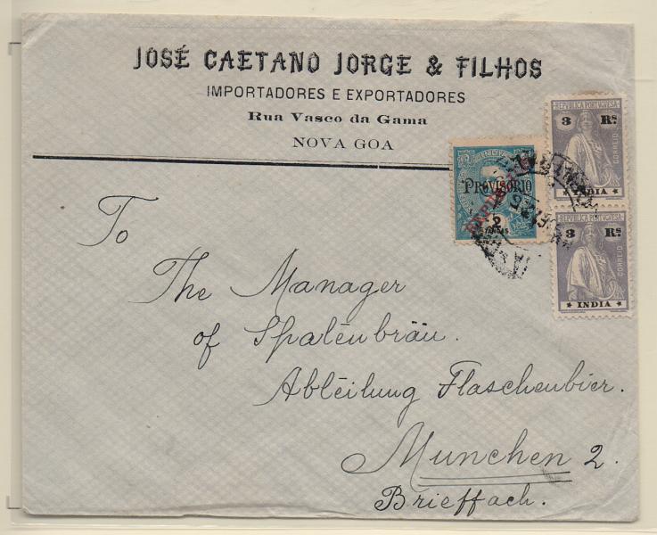 1533.jpg -     Lote:    1533            Índia       Descrição:         1914/15 &mdash; Ceres + D. Carlos I com sobrecargas PROVISÓRIO e REPUBLICA. Sobrescrito circulado de Nova Goa (05.12.25) com dois selos de 3 reis, estrelas III/IV e selo de 2T CE312.         Carta       Valor Base:     &euro; 100,00     Valor Venda:     &euro; 130,00       